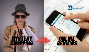 A-mystery-shopper-with-bags-and-online-review-form-and-a-Shoppers-Confidential-logo